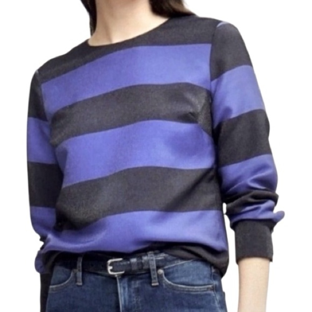 Banana Republic Iridescent Blue Black Striped Blouse Preppy Shimmer Rugby Style